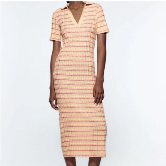 NWOT Zara Striped Ribbed Knit Polo Collar Midi Dress S - Picture 1 of 9